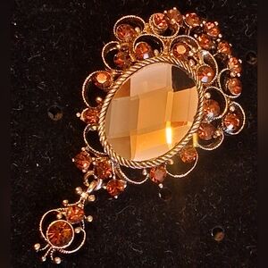 Vintage Look Elegant Goldtone Filigree Brooch With A Large "Rootbeer" Stone